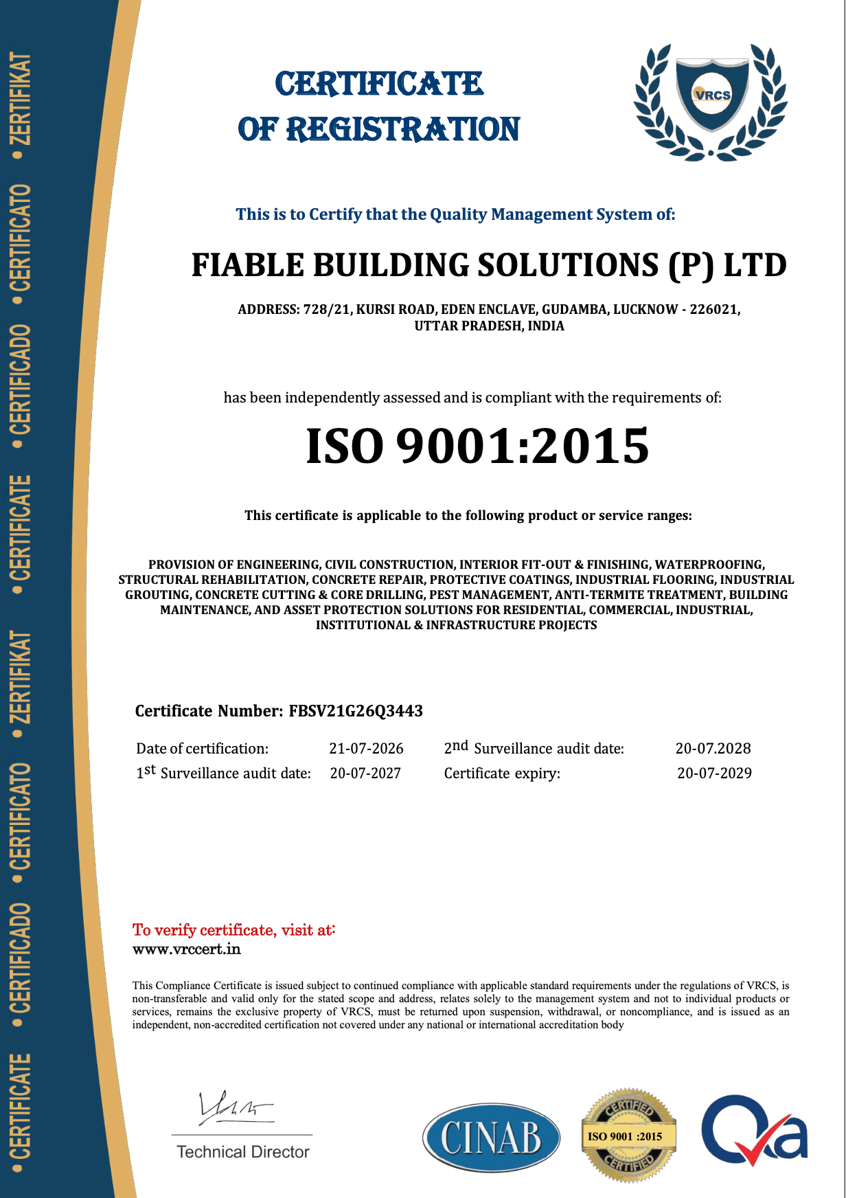 ISO 9001:2015 Certificate of Registration – Fiable Building Solutions